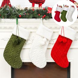 Medias navideñas de lana tejida, medias con puños de felpa, bolsa de regalo, bolsas de dulces, adornos colgantes para árbol de Navidad, decoración para fiesta de Navidad