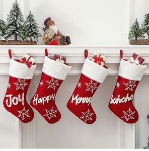 Bas de Noël Rouge Non-tissé Happy Joy Design Chaussettes De Stockage De Cadeaux De Bonbons Décoration De Cheminée À La Maison D'hiver