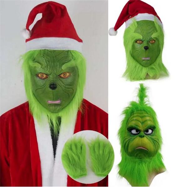 Estola de Navidad Máscaras Geek Guantes Cosplay Monstruo Verde Santa Casco de látex con sombreros Fiesta de Carnaval de Halloween Accesorios de disfraces GC2360