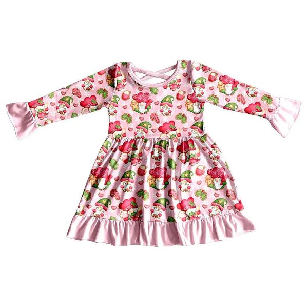 Robe de filles de style Noël à manches longues jupe allongée et longueur de genou motif rose tissu de soie lait imprimé 240403