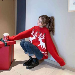 Kerst trui vrouwen herfst en winter Koreaanse versie van de losse wilde student Leuke retro rode trui 210427