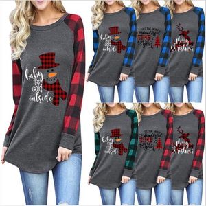 Camisetas de Navidad para mujer, Tops de talla grande a cuadros, camisa de manga larga con alce de Navidad, camisetas de otoño con estampado de letras, blusa informal de algodón con cuello redondo, Blusas C6775