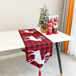 Chemin de table de Noël 33 x 180 cm/13 x 71 pouces en tissu de coton et polyester pour tables à manger, fête de mariage, bonhomme de neige, élan floral, nappe douce, décoration cadeau HY0096