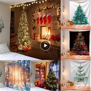 Kerstmis Tapestry Sneeuwvlokken Santa Claus Winter Night Hanging Doek Open haard Deken Geschenken Kerstmis Wanddecoraties voor thuis