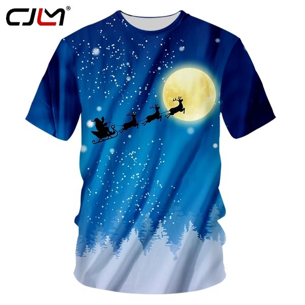 Thème de Noël 3D Imprimé Lune Fond O Cou T-shirt Père Noël et Elk Mode Loisirs Hommes T-shirt 6XL 220623