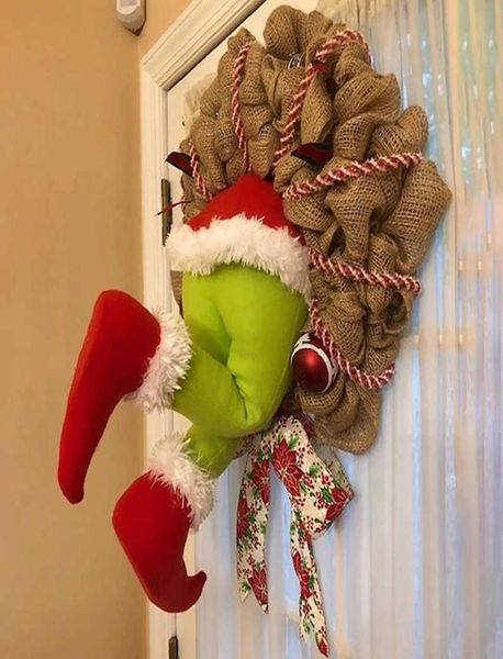 Voleur de Noël Burlap Wreath Stealer Design Christmas Tree Decoration Décoration de Noël Decoration Garland Decoration Home Front Door Wreath Hoop H7861827