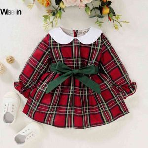 Kerstmis peuter baby meisjes matching zus kleding plaid lange mouw jurk bandage feestjurk verjaardag bowknot prinses jurk G1129