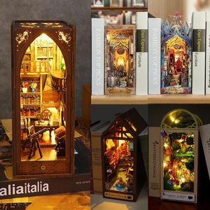 Juguete de Navidad DIY Book Nook Kit inserción de estante mini luciérnaga casa del bosque estantería de madera habitación casa de muñecas estantería juguete adulto rompecabezas 3D regalo 231102