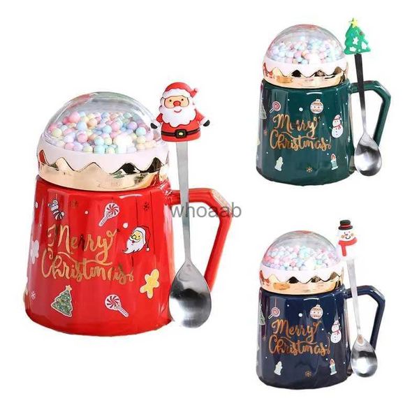 Suministros de juguetes de Navidad Taza de café de cerámica retro de 16 oz Juego de regalo de taza de Navidad Resistente al calor con tapa de globos de nieve de invierno Lavavajillas de microondas de cerámica YQ231006