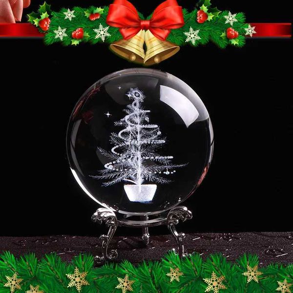 Suministros de juguetes de Navidad Bola de cristal de 80 mm para árbol de Navidad en miniatura grabado con láser 3D Globo de cristal Esfera artesanal de cristal Decoración navideña Adorno de regalo YQ231006