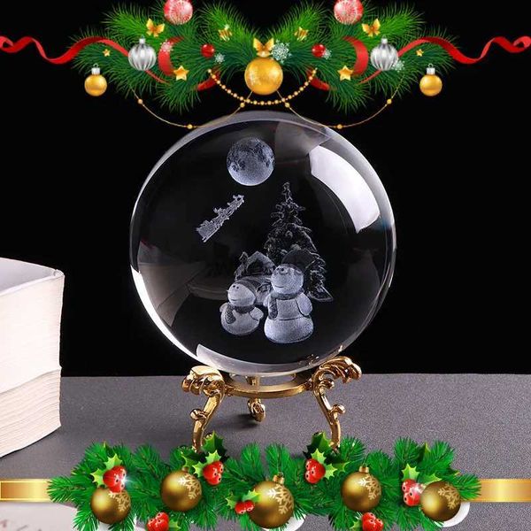 Suministros de juguetes de Navidad 80 mm Muñeco de nieve Bola de cristal Miniatura 3D Grabado láser Esfera decorativa de Navidad Regalo de Navidad Globo de cristal Decoración para el hogar Adorno YQ231006