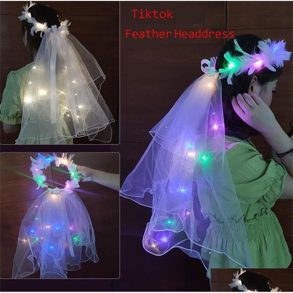 Fournitures De Jouets De Noël Clignotant Led Voile Allumer Couronne De Plumes D'oie Princesse Fée Bandeau Bowknot Bandeaux Tle Head Wear Hoo Dhs1J