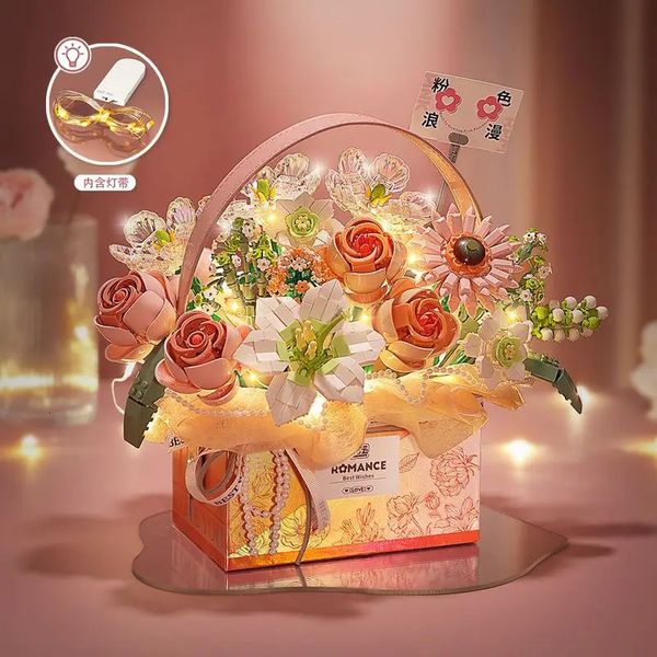 Fournitures de jouets de Noël LOZ bloc de construction fleur rose jouet poudre magique bouquet portable boîte-cadeau série cadeaux pour les filles 231128