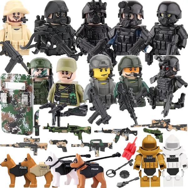 Fournitures de jouets de noël, blocs de construction militaires, figurines de soldats, cadeaux, jouets, armes, pistolets des forces spéciales SWAT, gilet pour chien, casque, vêtements antidéflagrants MOC 231005