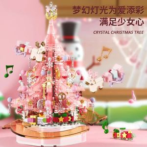 Fournitures de jouets de Noël Boîte à musique d'arbre de Noël en cristal rose Blocs de construction d'assemblage créatifs Jouet Lumières de rêve Cadeaux de festival de Noël pour enfants 231130
