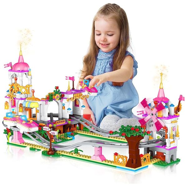 Suministros de juguetes navideños Kit de construcción de montaña rusa 711 piezas Kit de bloques de construcción de parque de atracciones Parque infantil de princesa Juguete rosa Regalo de Navidad para niñas 231129