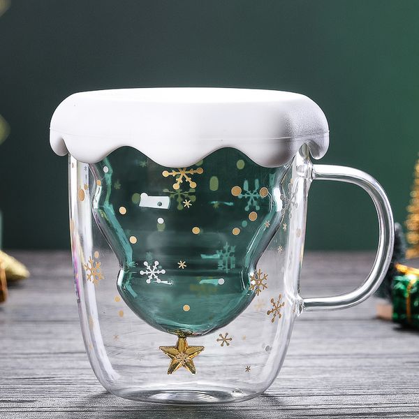 Taza de árbol de Navidad Tazas de vidrio Resistente al calor Gafas de doble capa Bottes Desayuno Taza de leche Taza de bebida personalizada con tapa GGA2689