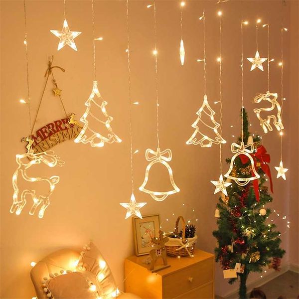 Arbre de Noël cerf cloche LED guirlandes lumineuses joyeux Noël décorations pour la maison rideau lampe Navidad noël année décoration 211104