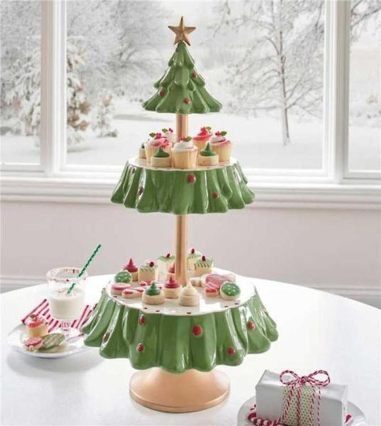 Árbol de Navidad Mesa de postre Plato de fruta Soporte de pastel de doble capa Fiesta de vacaciones Plato de dulces Bandeja de refrigerios Soporte de estante para refrigerios de Navidad H10202184639