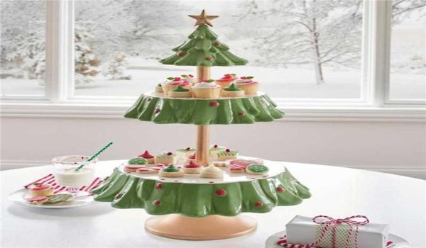 Árbol de Navidad Mesa de postre Plato de fruta Soporte de pastel de doble capa Fiesta de vacaciones Plato de dulces Bandeja de refrigerios Soporte de estante para refrigerios de Navidad H10204233783