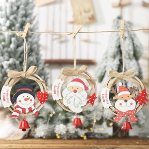 Kerstboom opknoping ornamenten handgemaakte houten krans Santa Elk Snowman met klokken Home Party Decoraties KDJK2109