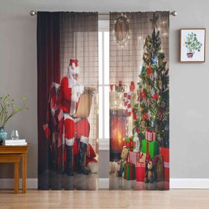 Árbol de Navidad Papá Noel Pared Sala de estar transparente Tul para ventanas Hilo de gasa Cortina de dormitorio corta