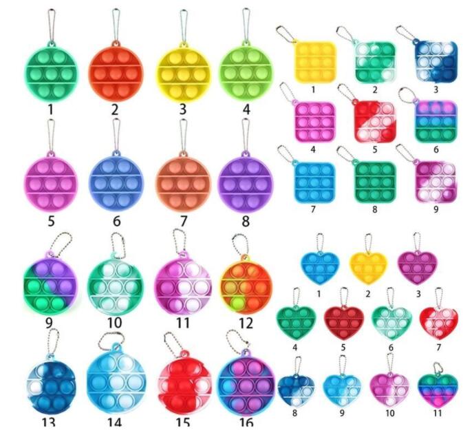 Batik-Quadrat-Herz-Kreis-einfacher Fidget-Schlüsselanhänger Push-Bubble-Spielzeug Poppet Poppers Schlüsselanhänger Kinder-Dekompressionsspielzeug Baby-pädagogisches Weihnachtsgeschenk Puzzle H110WRDC