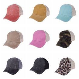 Chapeaux de queue de cheval 9 couleurs lavées maille dos léopard camo creux chignon désordonné casquette de baseball chapeau de camionneur CYZ3153