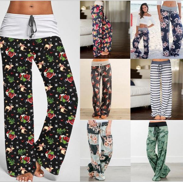 Pantalones de pierna ancha de Navidad Pantalones Raya elástica Palazzo Capris Fitness Yoga Pantalones Lady Sport Pantalones largos sueltos Mujeres Pantalones holgados ocasionales D6344