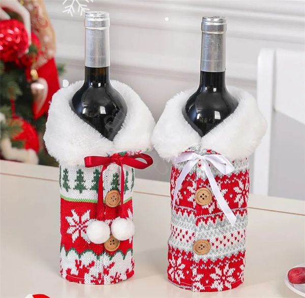Funda navideña para vino con lazo, copo de nieve, ropa tejida para botella, funda para botella de vino, bolsa de vino de Navidad, decoración de adornos navideños