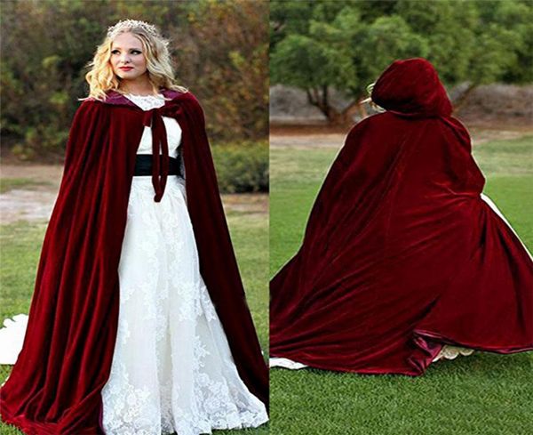 Abrigo de invierno de terciopelo rojo vino de Navidad para mujer, abrigo de piel para novia, capas de boda, abrigos de fiesta con capucha, Jacket4271378