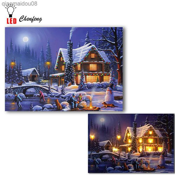 Navidad invierno nieve noche cabaña con ilustraciones de río cuadro de pared Led lienzo arte iluminar pueblo paisaje pintura al óleo decoración L230704