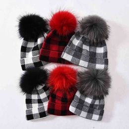 Kerstmis winter warm ouder-kind hoed 2 stks familie matching vader moeder kinderen buffel plaid haak gebreide ouder kind muts