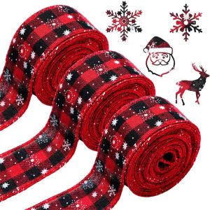 Kerst bedrade linten Red Black Buffalo Plaid Snowflake voor Xmas Diy Wikkel Wedding Floral Bow Craft