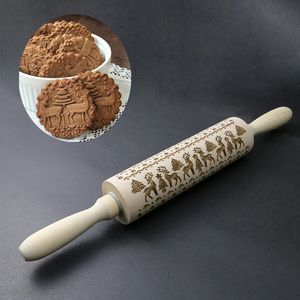 Kerstmis Hout Rolling Pin Bakken Deeg Roller Cookies Fondant Cake Biscuit Patry Roll Rendier Sneeuwvlok Patroon Embossing 210401