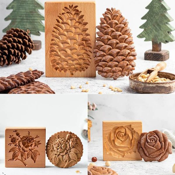 Christmas Biscuit en bois Moule de fleur de fleur Cône de pin Forme de presse sculptée pour le biscuit Décoration de Noël outil de cuisson de cuisine