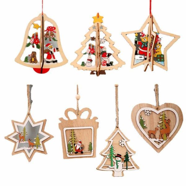 Adornos navideños de madera para fiesta, decoración del hogar, rodajas colgantes 3D, estrella, muñeco de nieve, decoración colgante para árbol de Navidad