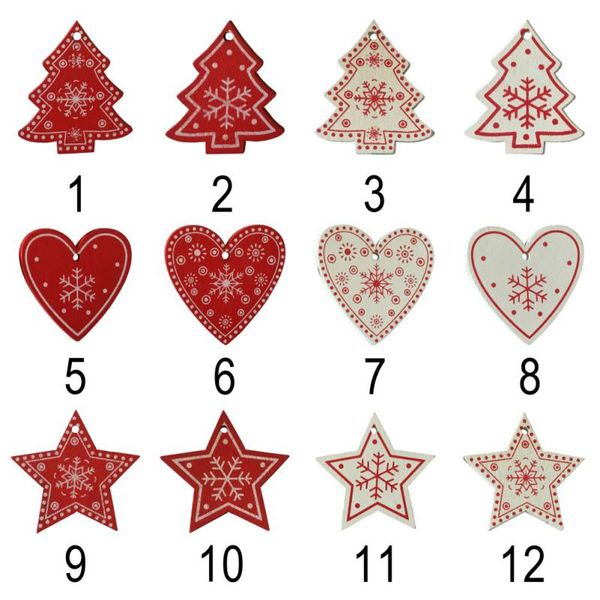 Pendentif en bois de noël 10 pcs/lot blanc rouge en bois arbre de noël ornement ange neige cloche wapiti étoile décorations de noël pour la maison