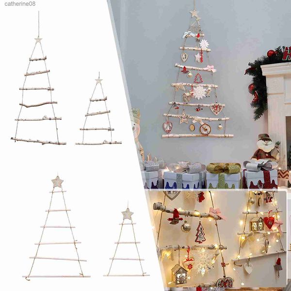 Rama de árbol de madera de Navidad Trapezoide Colgante Escalera de cuerda de madera Sala de estar de Navidad Adornos colgantes de pared Regalo Decoración de Navidad L230621