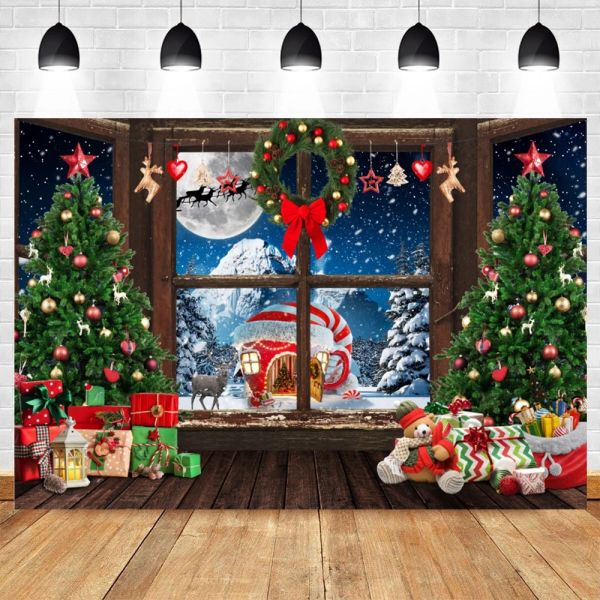 Fondo de ventana de madera de Navidad, árbol de Navidad, Papá Noel, regalo, oso, escena de nieve de invierno, foto de fondo, retrato de bebé, accesorios de fotografía