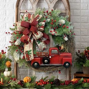 Kerstkrans kunstmatige plant rattan rode vrachtwagen rustieke herfst voordeur ronde Garland simulatie bessen feestelijk hangende decor G230518