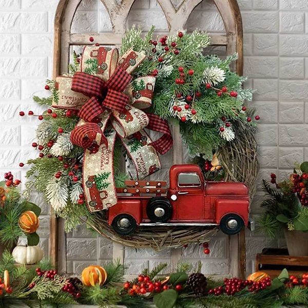 Couronne de Noël plante artificielle rotin camion rouge rustique automne porte d'entrée guirlande ronde simulation baies décoration suspendue festive R231114