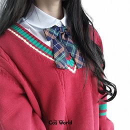 Kerstmas nieuwjaar herfst winter rode lg mouw gebreide tops pullovers v nek truien voor jk school uniform studentenkleding l0qj#