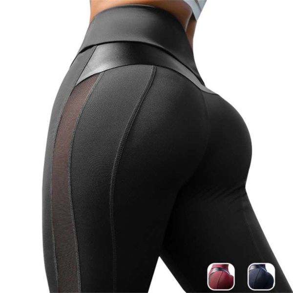 Chrleisure PU Malla Empalme Leggings Mujeres Cintura Alta Sexy Fitness Yoga Pantalones Mujeres Push Up Entrenamiento Gimnasio Negro Legging Transpirable 210928