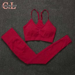 CHRLEISURE, chándal rojo para mujer, para deportes de Fitness, conjunto de 2 piezas de verano sin costuras, traje deportivo, sujetador de realce y mallas de botín 211105