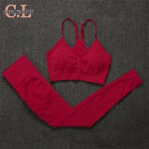 CHRLEISURE Rouge Femmes Survêtement Pour Fitness Sports Sans Couture D'été 2 Pièces Ensemble Sport Costume Push Up Soutien-Gorge Et Booty Leggings 220315