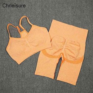 Chrreisure Trainingspak Dames Push Up Fitness Hoge Taille Gym Sports 2 stks Sets Running Kleding Sexy BH NAADLUKKELIJKE TRACKOUT Shorts Set 210727