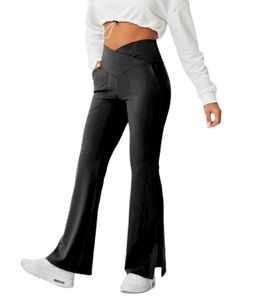 Chrleisure V-crossover taille pantalon de yoga avec poche fendu Fitness ourlet pleine longueur Flare Leggings élastique mince pantalon d'entraînement