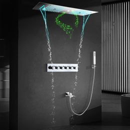 Panneau de douche chromé 900x300mm, ensemble de système de douche thermostatique à 5 fonctions, robinets de salle de bains, pomme de douche à musique LED de pluie