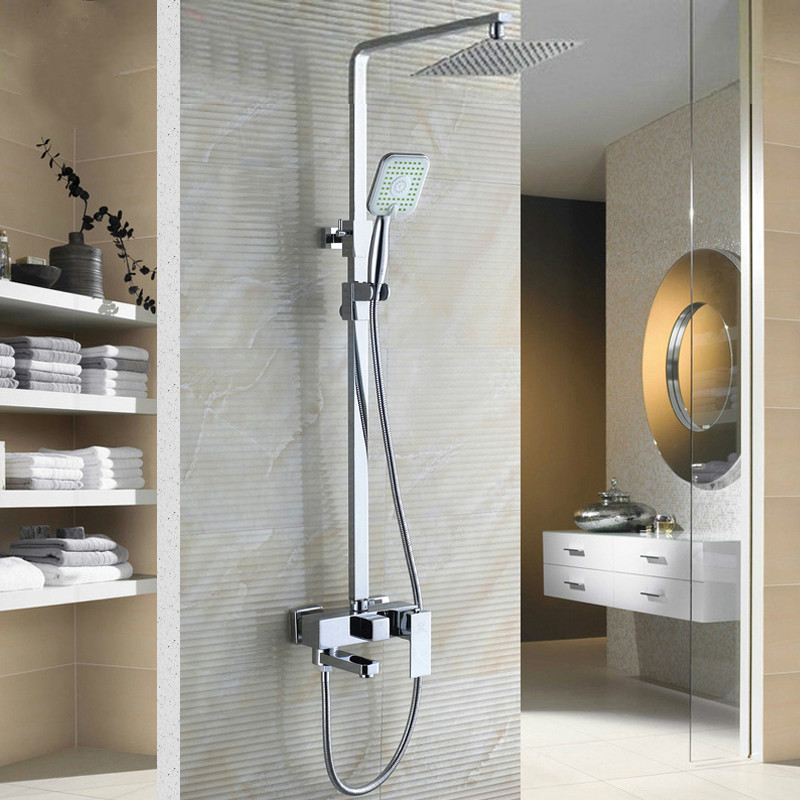 Chrome Bathroom Shower Set Faucet with 8" Ultrathin Showerhead and Handshower Swivel Bathtub Tap Adjust Height